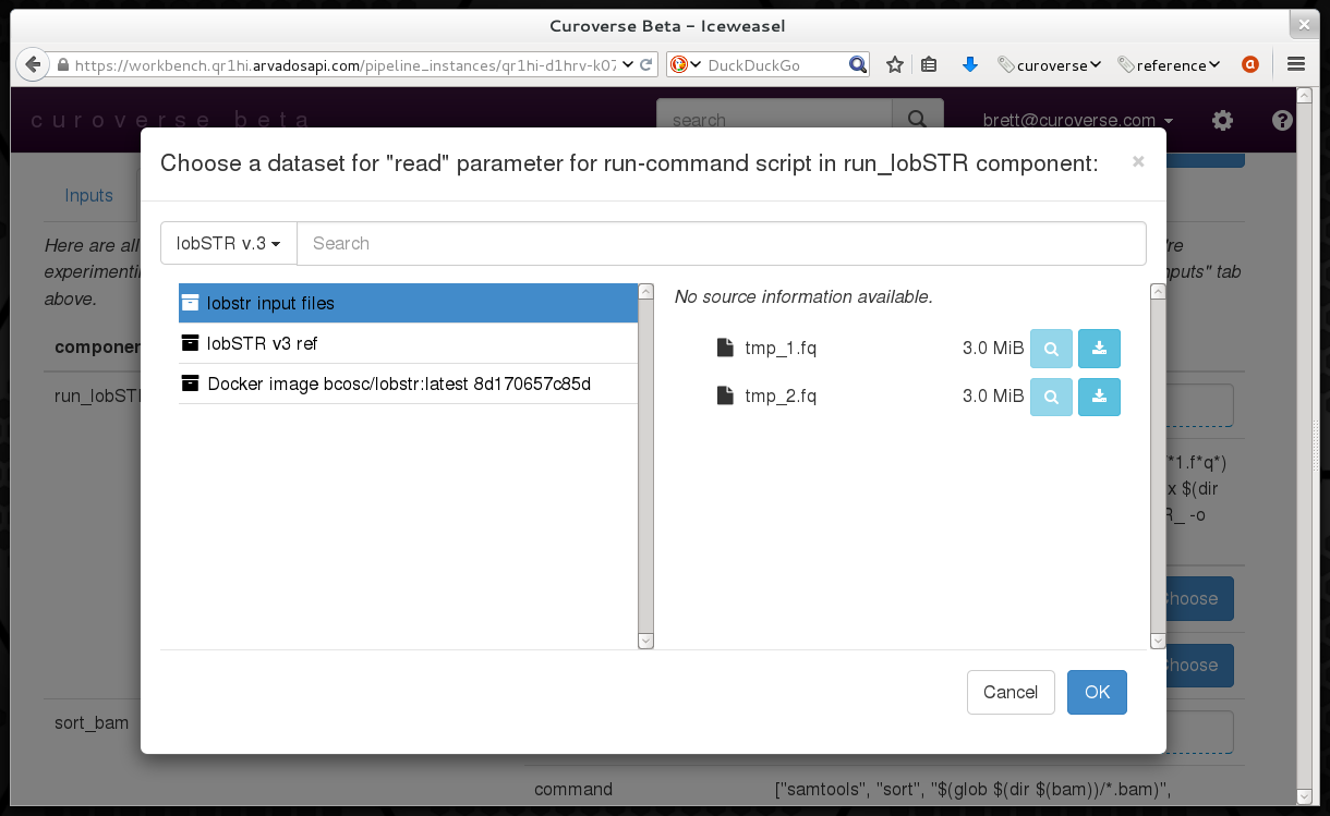 Workbench screenshot displaying pipeline input selection dialog